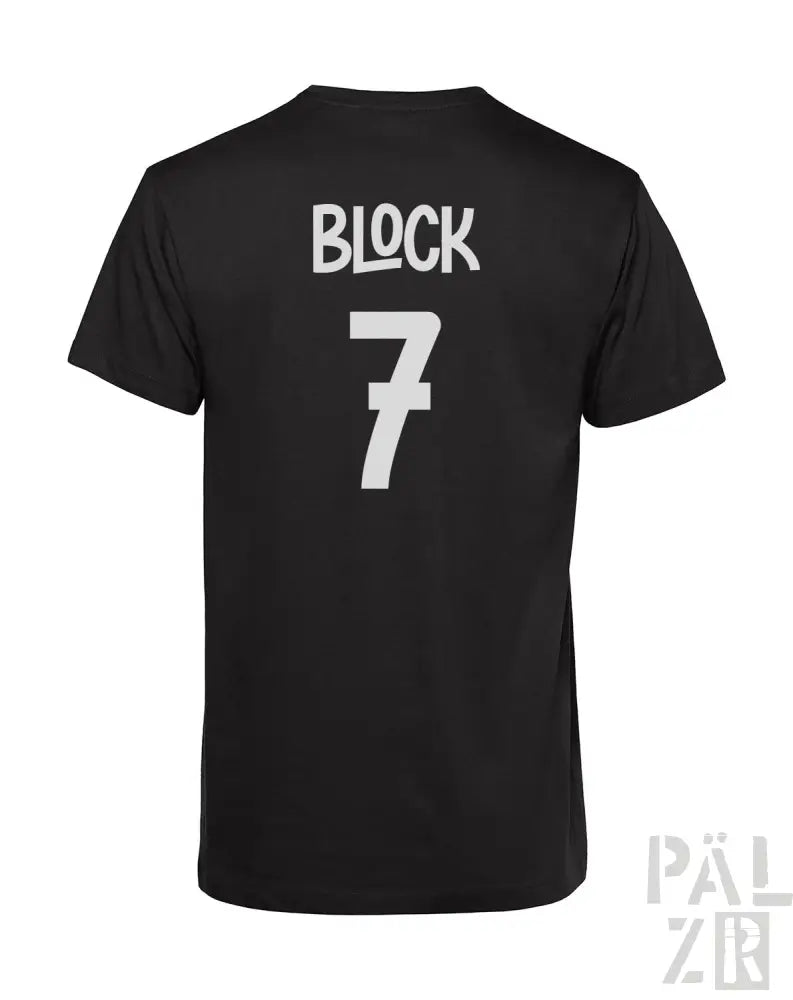 Schwarzes T-Shirt mit ‘Block 7’-Design auf dem Rücken, aus Baumwolle.