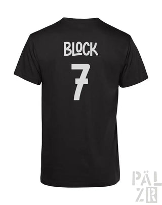 Schwarzes T-Shirt mit ‘Block 7’-Design auf dem Rücken, aus Baumwolle.