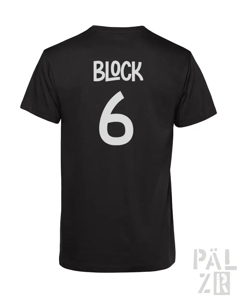 Schwarzes T-Shirt mit ’block 6’’-Design auf dem Rücken, aus Baumwolle.