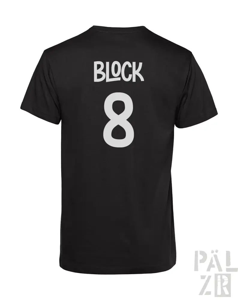 Schwarzes T-Shirt mit ‘Block 8’-Design auf dem Rücken, aus Baumwolle.