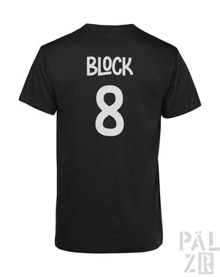 Schwarzes T-Shirt mit ‘Block 8’-Design auf dem Rücken, aus Baumwolle.