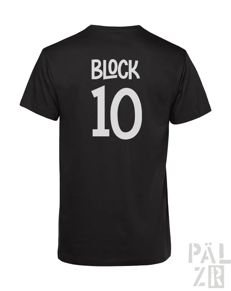Schwarzes T-Shirt mit ’block 10’’-Design auf dem Rücken, aus Baumwolle gefertigt.