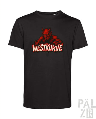 Schwarzes T-Shirt mit rotem Teufel-Design und ’westkurve’-Text.