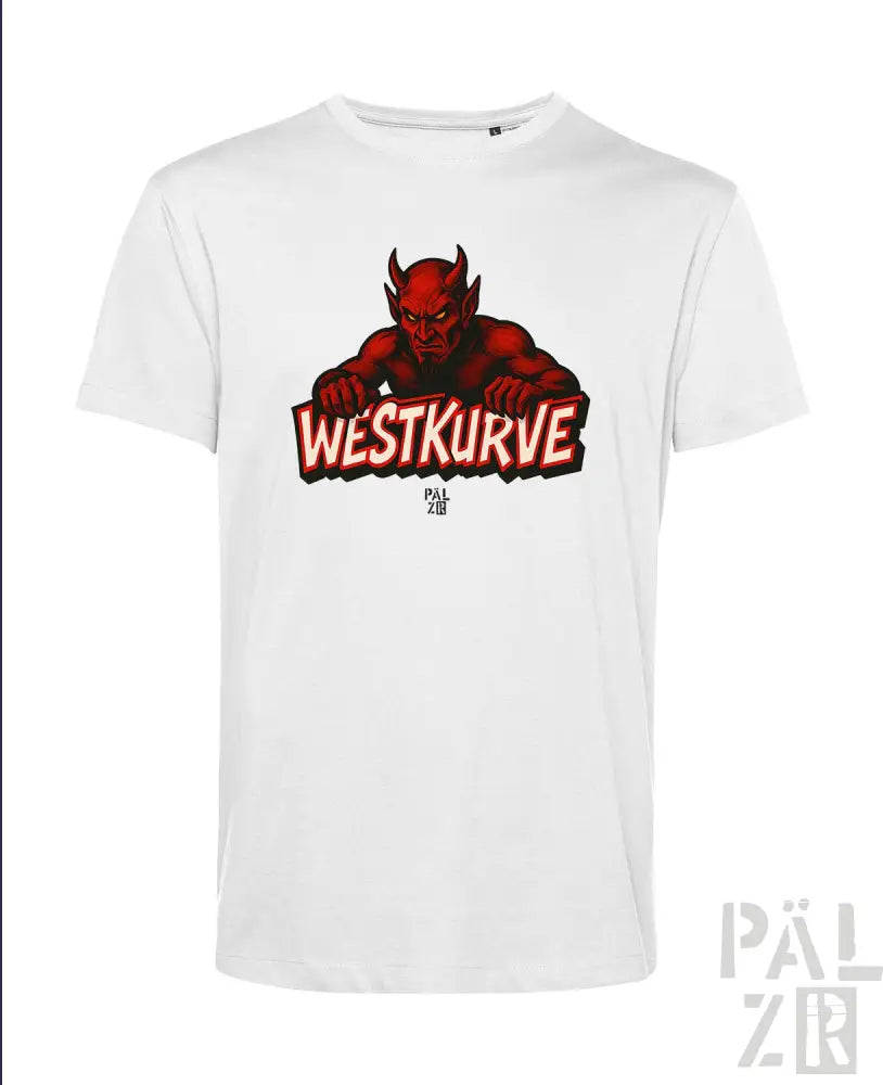 Weißes T-Shirt mit rotem Teufel-Design und Text „westkurve“ auf der Vorderseite.