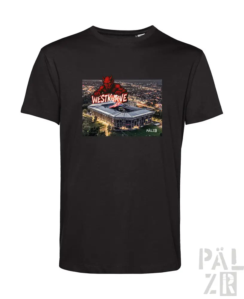 Schwarzes T-Shirt mit grafischem Design eines Stadions und Text ’westkurve’ in Rot.