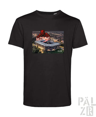 Schwarzes T-Shirt mit grafischem Design eines Stadions und Text ’westkurve’ in Rot.