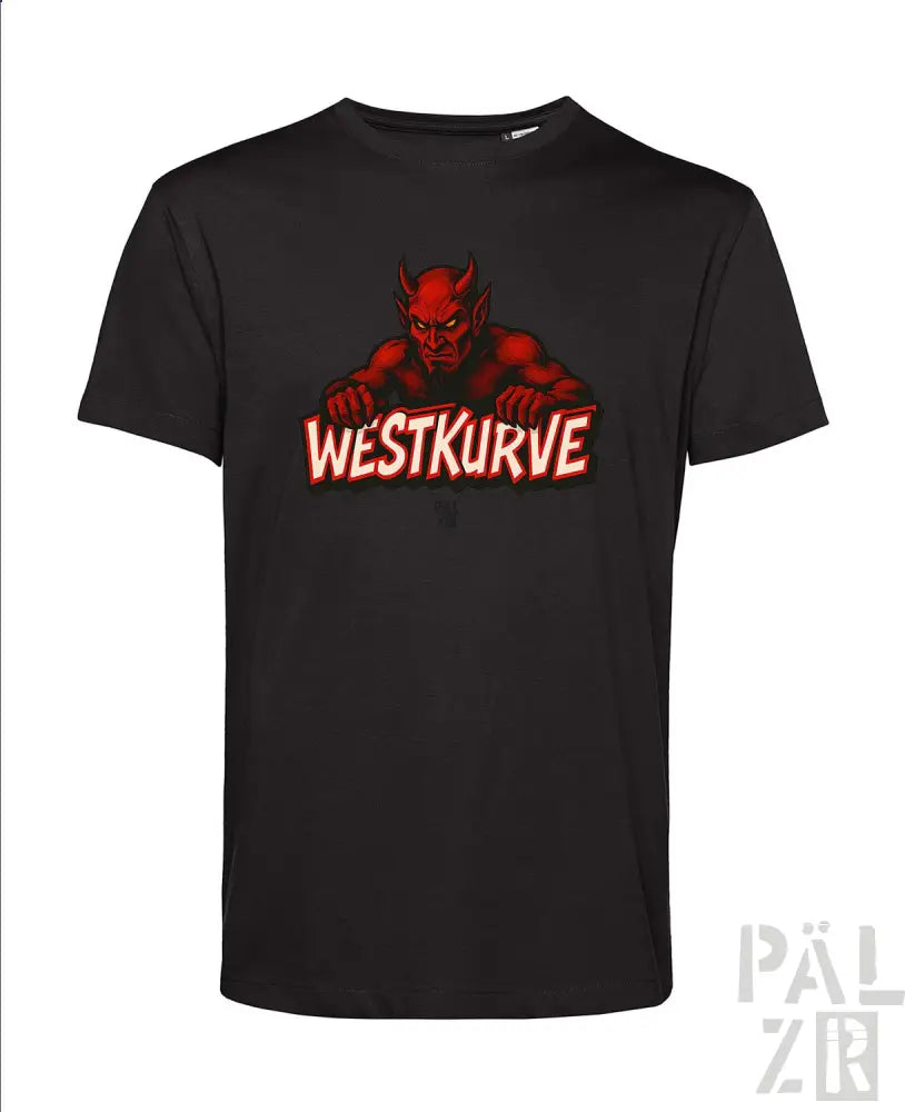 Schwarzes T-Shirt mit rotem Teufel-Design und ’westkurve’-Text.