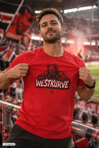 Rotes männer t-shirt mit kurzem arm und schwarzem weißem teufelsmotiv und westkurve aufdruck darunter