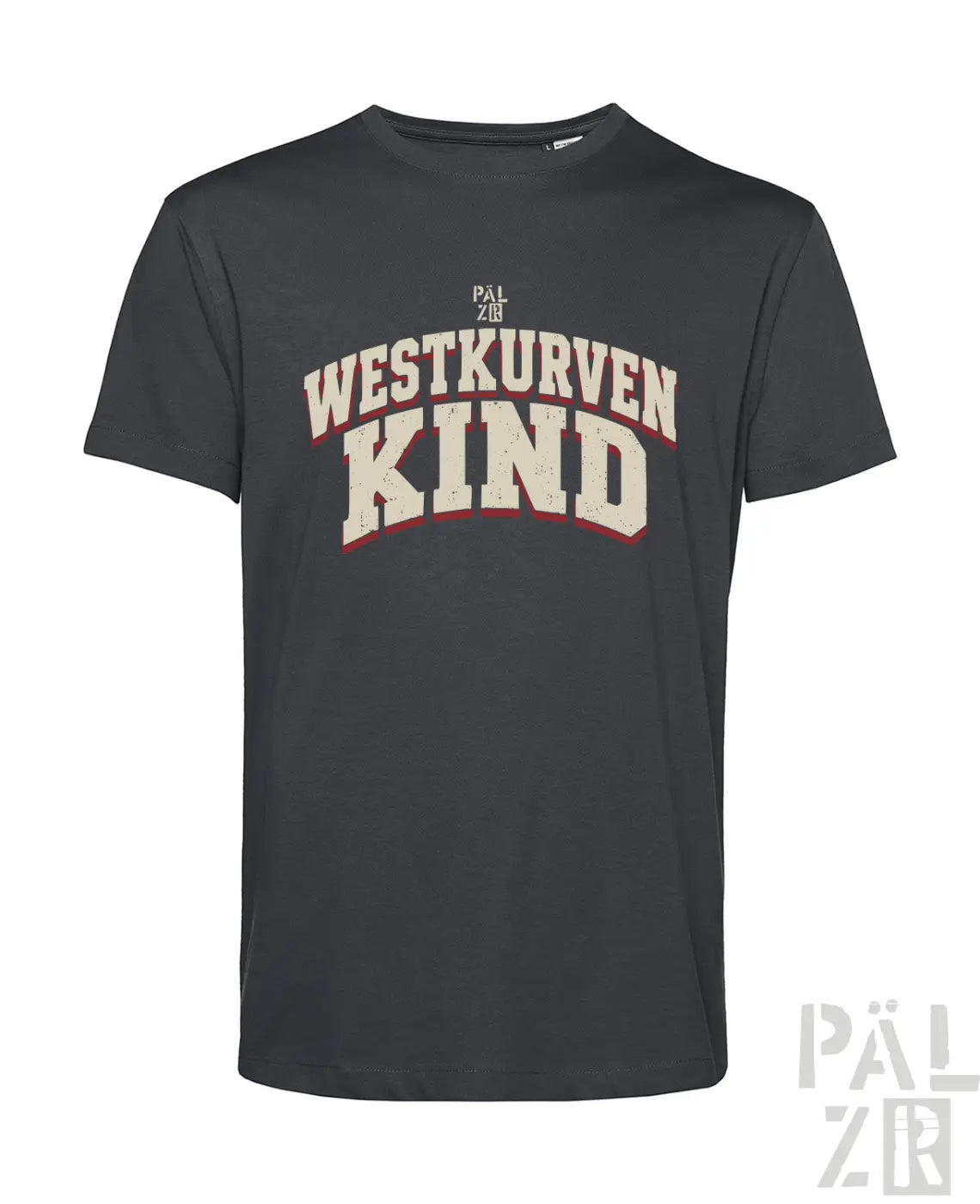 Dunkelgraues kurzarmshirt männer mit weiß rotem distressed westkurvenkind print und pal zib markenlogo