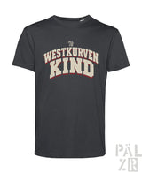 Dunkelgraues kurzarmshirt männer mit weiß rotem distressed westkurvenkind print und pal zib markenlogo