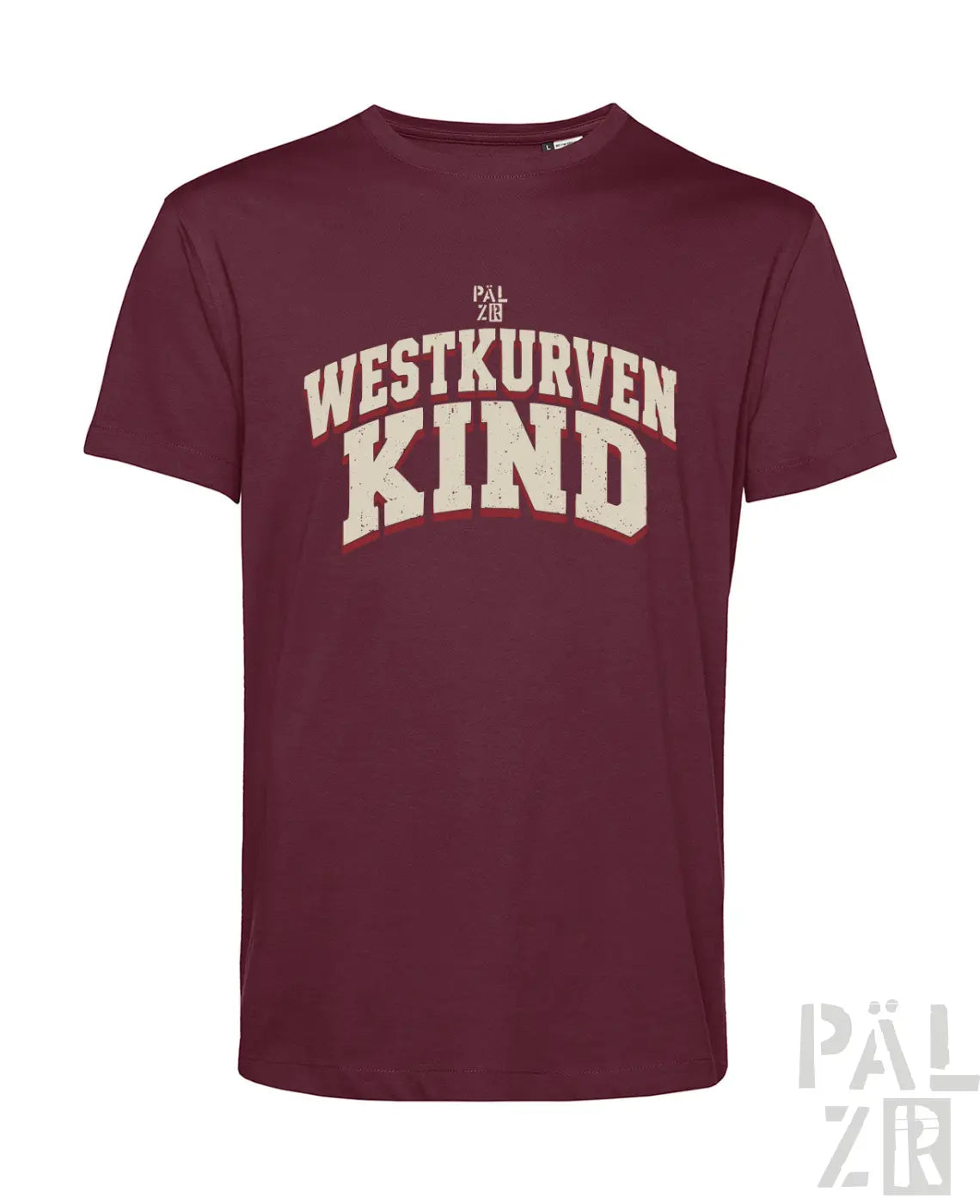Männer westkurvenkind t-shirt in maroon mit cremefarbenem distressed print und kleinem markenlogo vorne