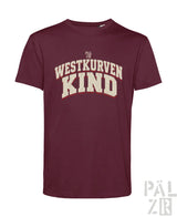 Männer westkurvenkind t-shirt in maroon mit cremefarbenem distressed print und kleinem markenlogo vorne