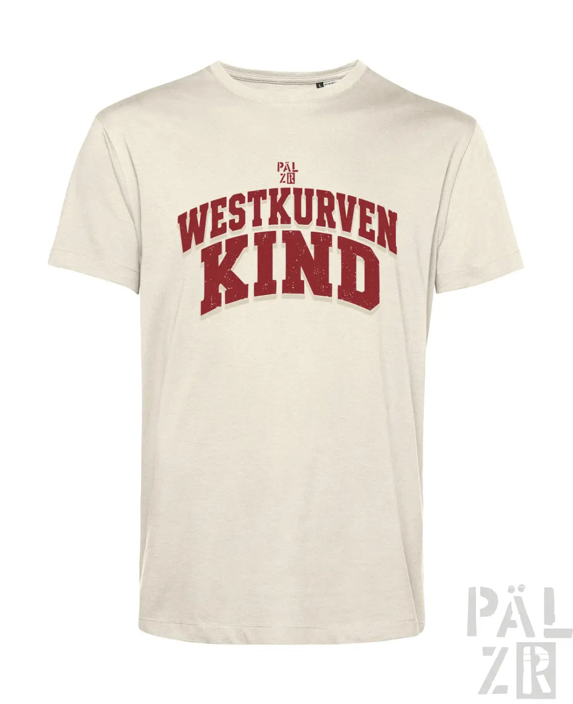 Creamfarbenes männer t-shirt aus baumwolle mit rotem westkurvenkind schriftzug in vintage collegiate schrift