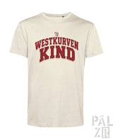 Creamfarbenes männer t-shirt aus baumwolle mit rotem westkurvenkind schriftzug in vintage collegiate schrift
