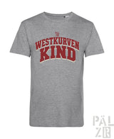 Graues meliertes baumwoll t shirt männer mit rotem und cremefarbenem westkurvenkind schriftzug auf der brust