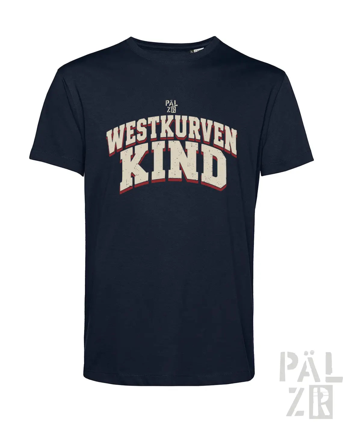 Navy blaues männer t-shirt mit weiß rotem distressed westkurvenkind print auf der brust in verschiedenen farben