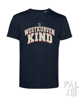 Navy blaues männer t-shirt mit weiß rotem distressed westkurvenkind print auf der brust in verschiedenen farben