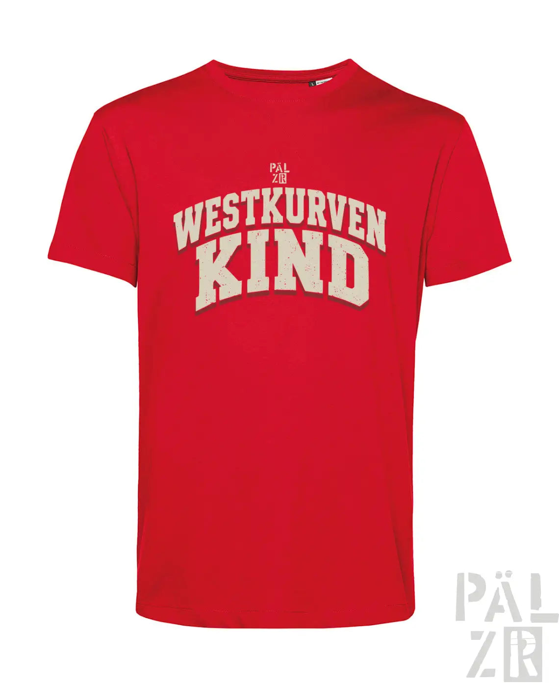 Rotes männer t-shirt mit kurzarm und cremefarbenem westkurvenkind print von palzi in verschiedenen farben