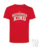 Rotes männer t-shirt mit kurzarm und cremefarbenem westkurvenkind print von palzi in verschiedenen farben