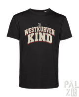 Schwarzes männer t-shirt mit kurzem arm und weiß rotem distressed westkurvenkind grafikprint auf der brust