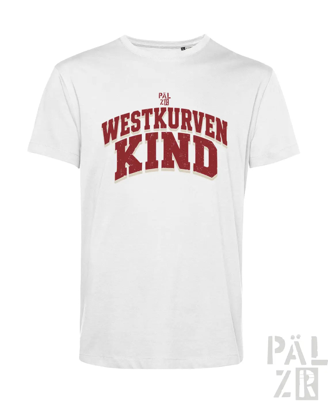 Weißes herren t-shirt aus baumwolle mit rotem westkurvenkind vintage collegiate schriftzug und pal zir marke