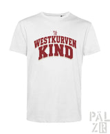 Weißes herren t-shirt aus baumwolle mit rotem westkurvenkind vintage collegiate schriftzug und pal zir marke
