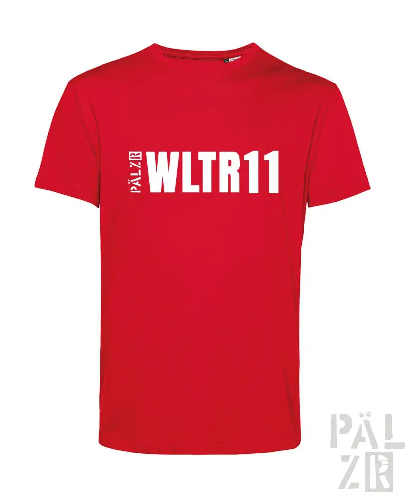Rotes T-Shirt mit ’wltr11’’-Design und weißem Text, aus Baumwolle.