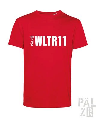 Rotes T-Shirt mit ’wltr11’’-Design und weißem Text, aus Baumwolle.