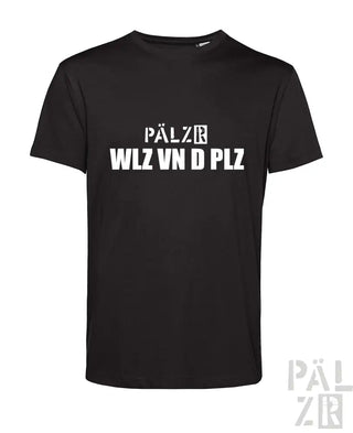 Schwarzes T-Shirt mit weißem Text „pälzr wlz vn d plz“ und Logo am Ärmel.
