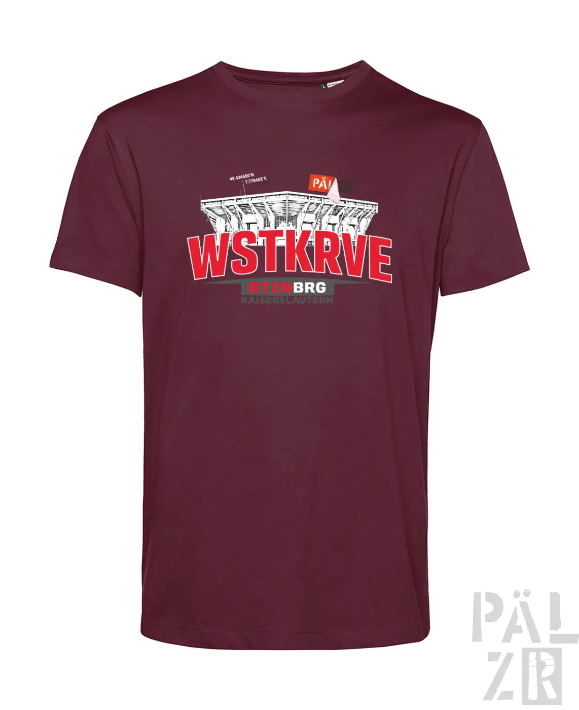 Männer t-shirt in maroon mit kurzem ärmel und grafik eines stadions mit wstkrve schriftzug in rot