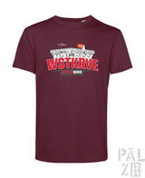 Männer t-shirt in maroon mit kurzem ärmel und grafik eines stadions mit wstkrve schriftzug in rot