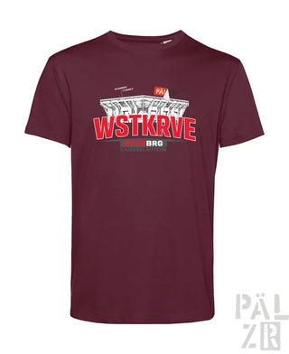 Männer t-shirt in maroon mit kurzem ärmel und grafik eines stadions mit wstkrve schriftzug in rot