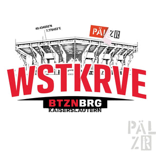 Männer t-shirt wstkrve in rot und schwarz mit stylisiertem stadionlogo und text kaiserslautern in mehreren farben