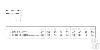 Größe tabelle für männer t-shirt wstkve mit maßen zu halber brust und körperlänge in verschiedenen farben von xs bis 5xl