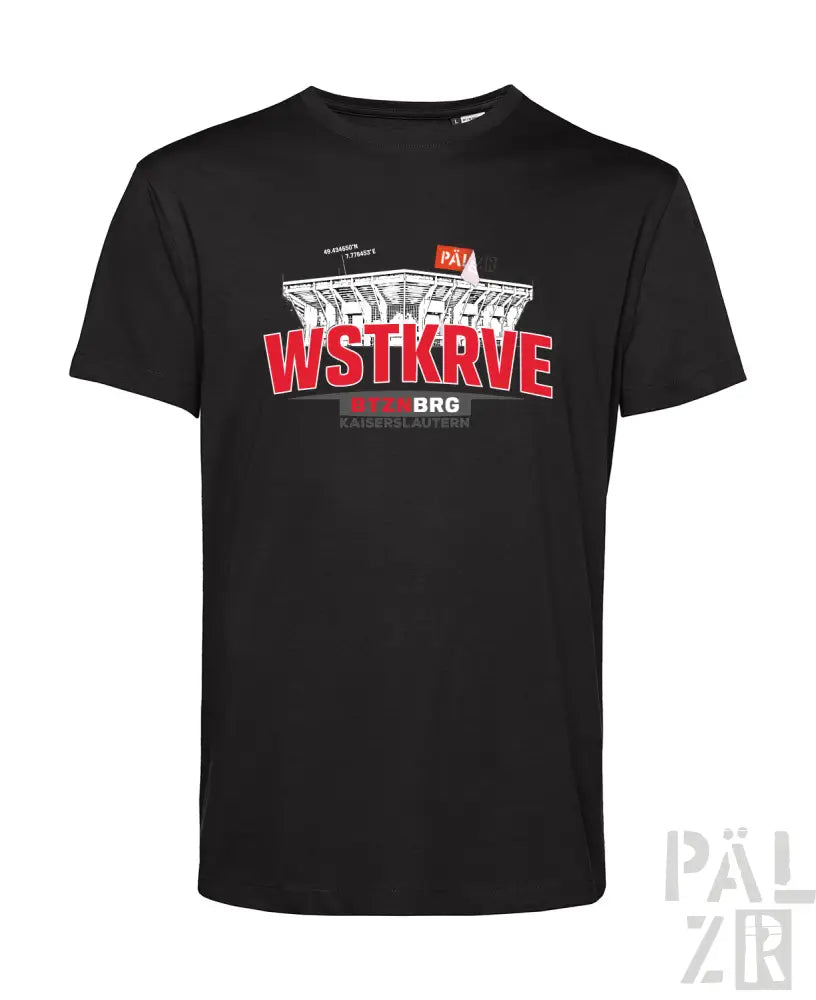 Schwarzes männer t-shirt mit kurzen ärmeln und auffälligem roten und weißen grafikdruck stadion und wstkrve schriftzug