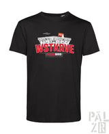 Schwarzes männer t-shirt mit kurzen ärmeln und auffälligem roten und weißen grafikdruck stadion und wstkrve schriftzug