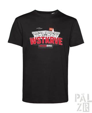 Schwarzes männer t-shirt mit kurzen ärmeln und auffälligem roten und weißen grafikdruck stadion und wstkrve schriftzug