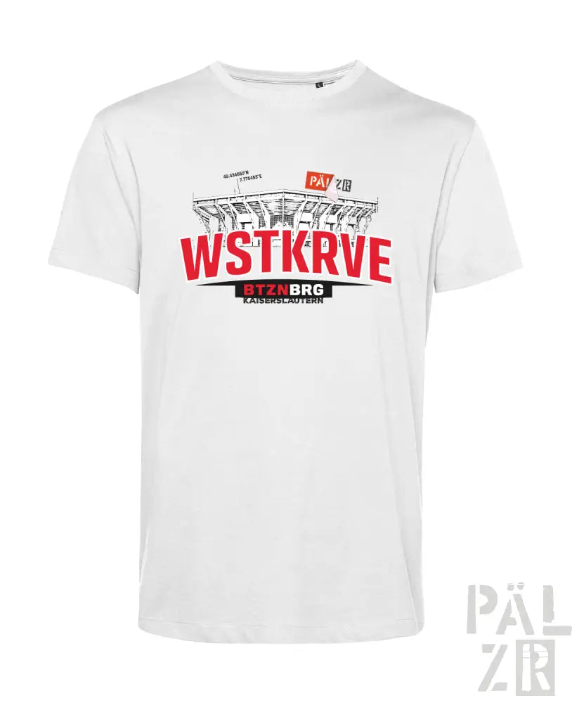 Weißes männer t-shirt aus baumwolle mit großem roten und schwarzen stadiongrafik und wstkrve schriftzug
