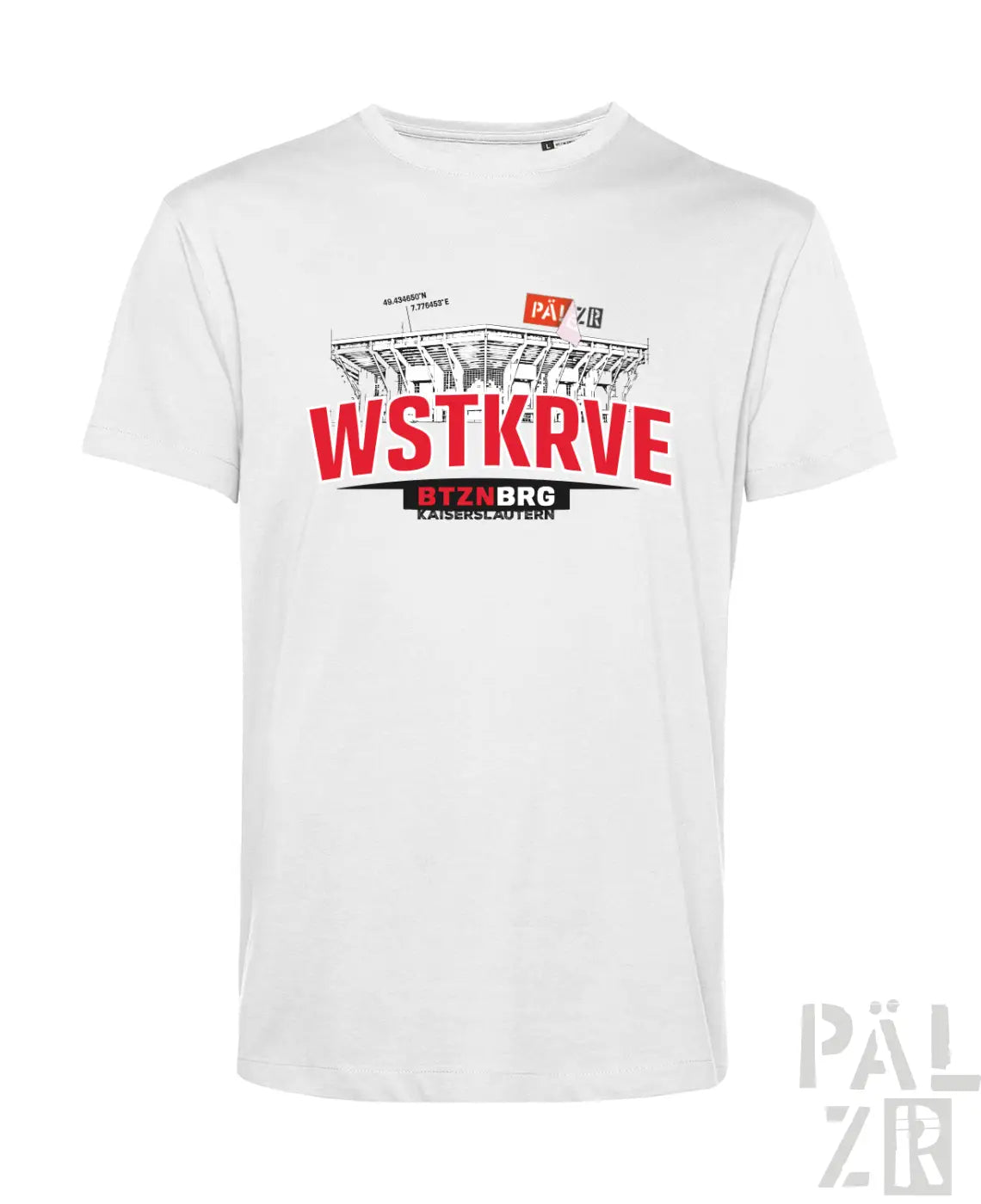 Weißes männer t-shirt aus baumwolle mit großem roten und schwarzen stadiongrafik und wstkrve schriftzug