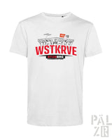 Weißes männer t-shirt aus baumwolle mit großem roten und schwarzen stadiongrafik und wstkrve schriftzug