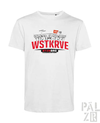 Weißes männer t-shirt aus baumwolle mit großem roten und schwarzen stadiongrafik und wstkrve schriftzug