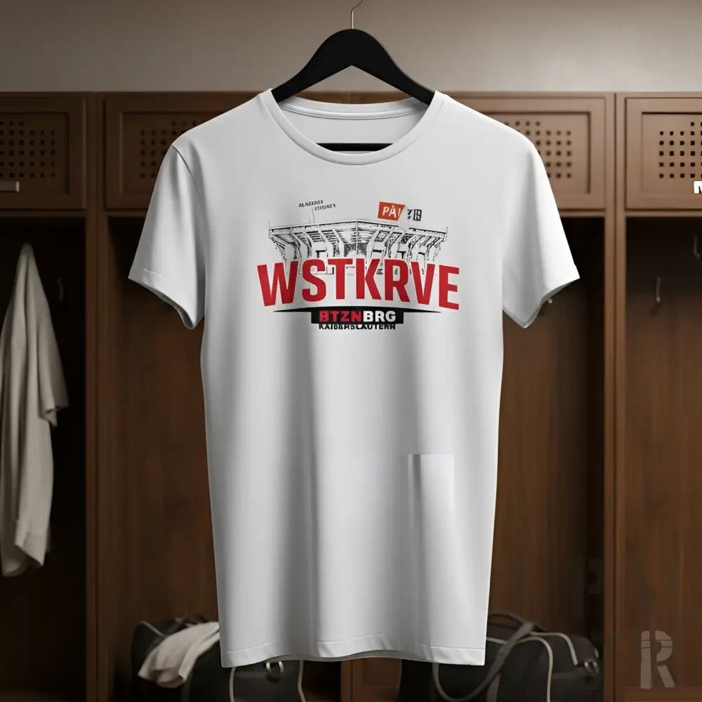 Weißes kurzarm herren t-shirt wstk rve mit auffälligem roten und schwarzen stadion grafikdruck