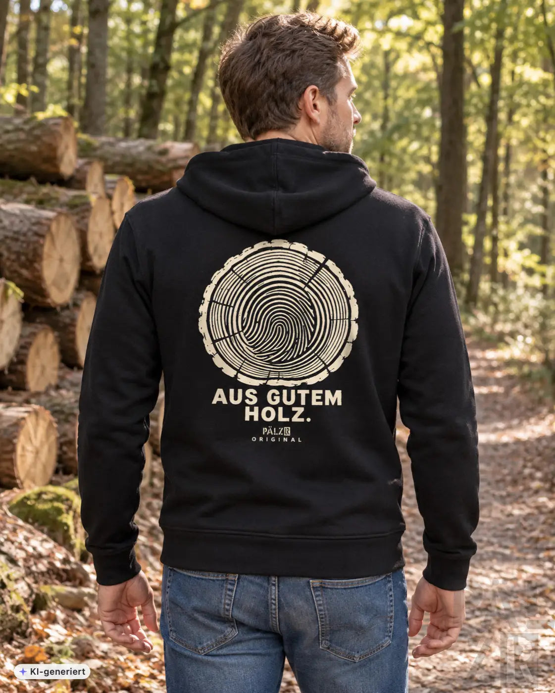 Schwarzer männer zipper mit weißem baumringdesign und aus gutem holz palz original schriftzug hinten