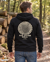 Schwarzer männer zipper mit weißem baumringdesign und aus gutem holz palz original schriftzug hinten