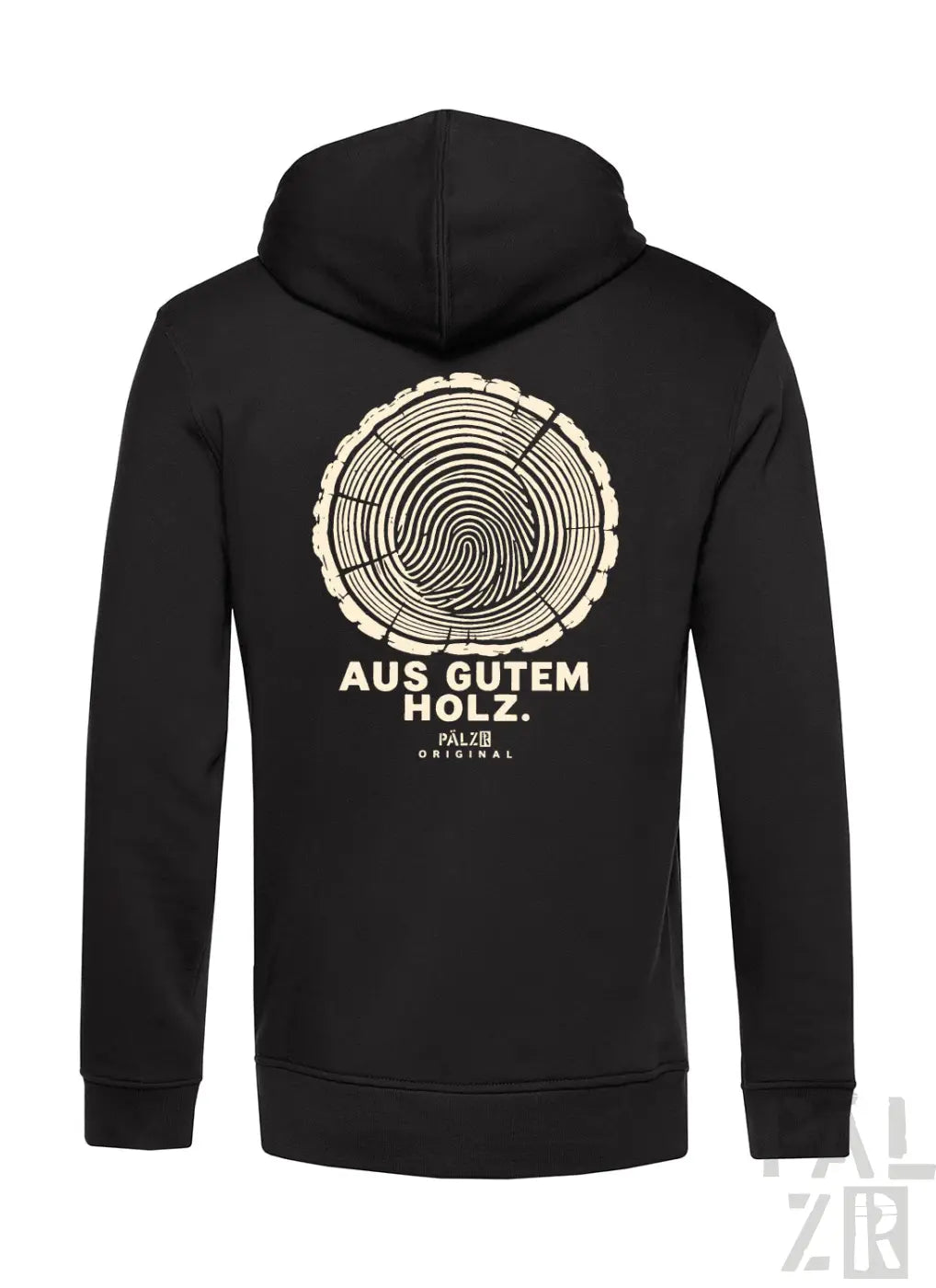 Schwarzer männer zipper mit cremefarbenem baumring-design und aus gutem holz schriftzug vorne