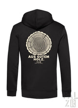 Schwarzer männer zipper mit cremefarbenem baumring-design und aus gutem holz schriftzug vorne