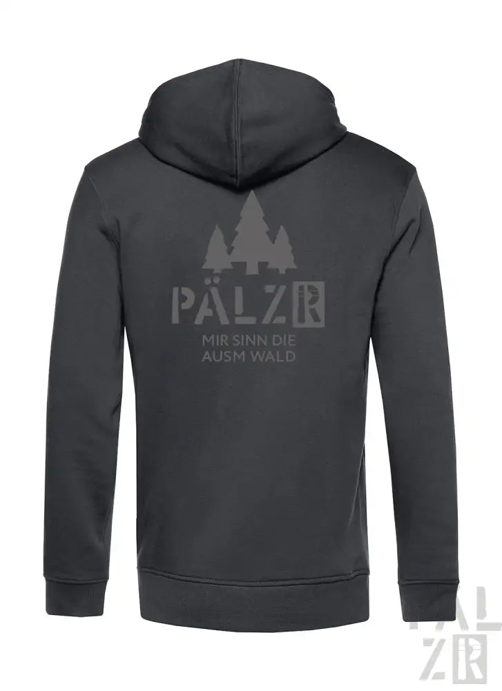 Anthrazitfarbene Kapuzenjacke mit ’pälzer’-Logo und Baumdesign, im Hoodie-Stil.