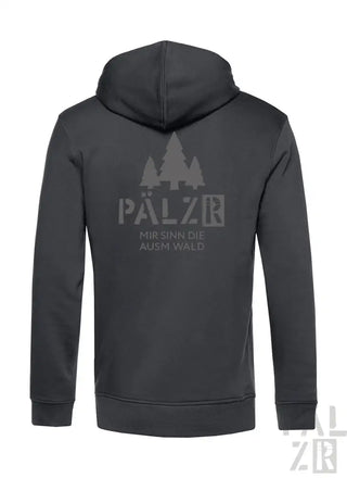 Anthrazitfarbene Kapuzenjacke mit ’pälzer’-Logo und Baumdesign, im Hoodie-Stil.