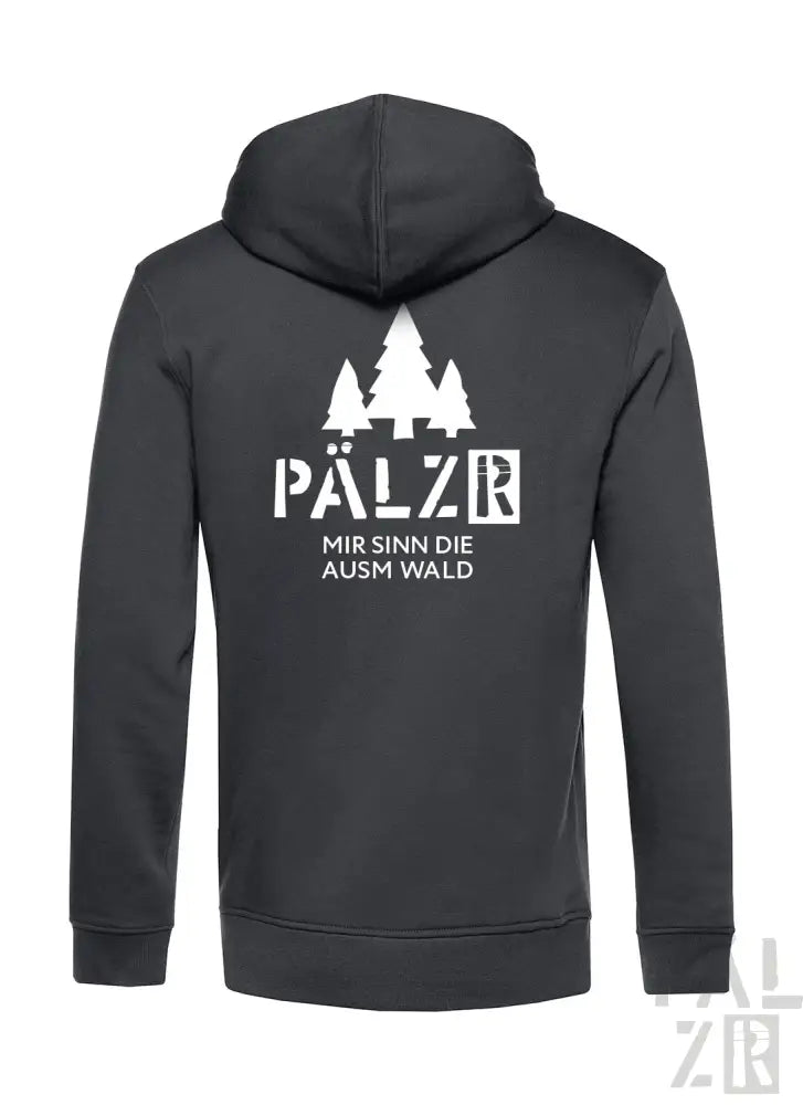 Schwarze Kapuzenjacke mit Reißverschluss, weißem Text und Baumdesign.