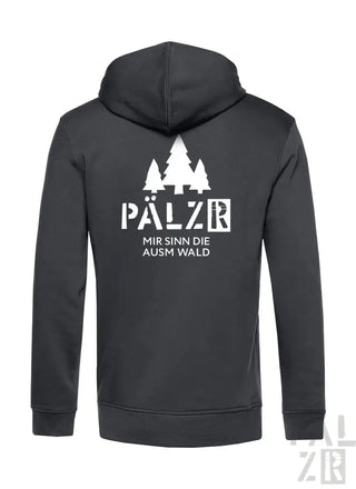 Schwarze Kapuzenjacke mit Reißverschluss, weißem Text und Baumdesign.